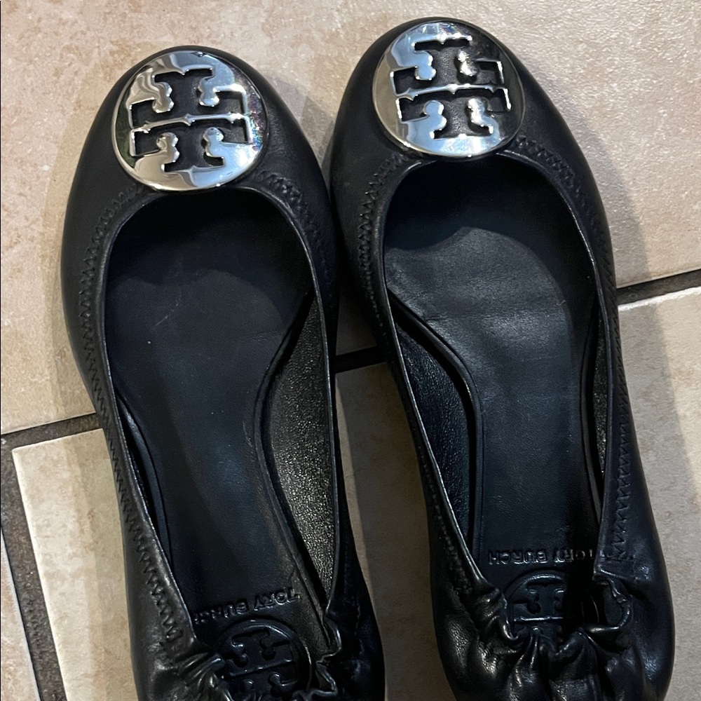 Tory Burch Black Flats with Silver Logo